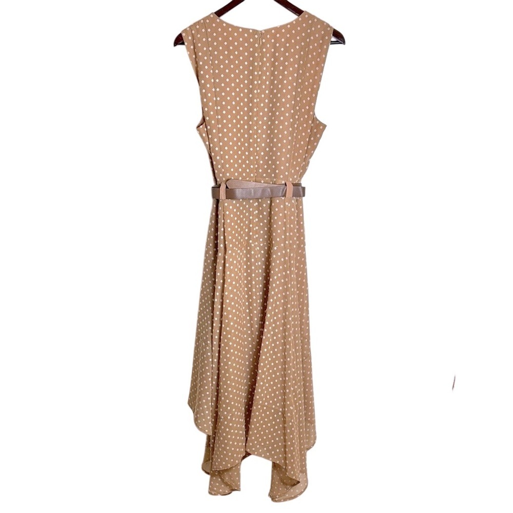 Calvin Klein Tan Polka Dot Belted Handkerchief Hem Midi Sleeveless Dress Size 14 - Picture 10 of 17